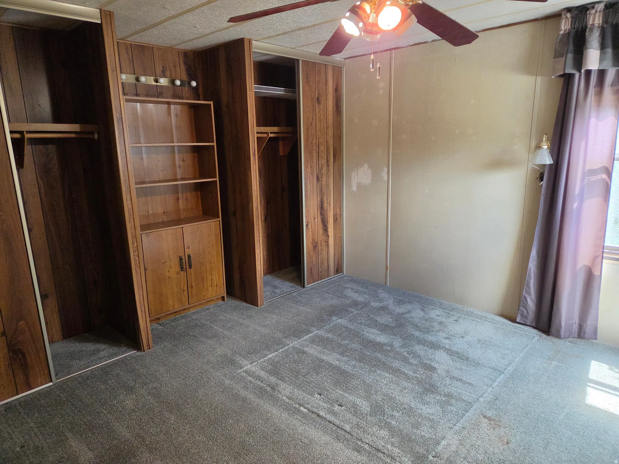 Room featuring wood-finish paneling, built-in shelving, and two closet spaces