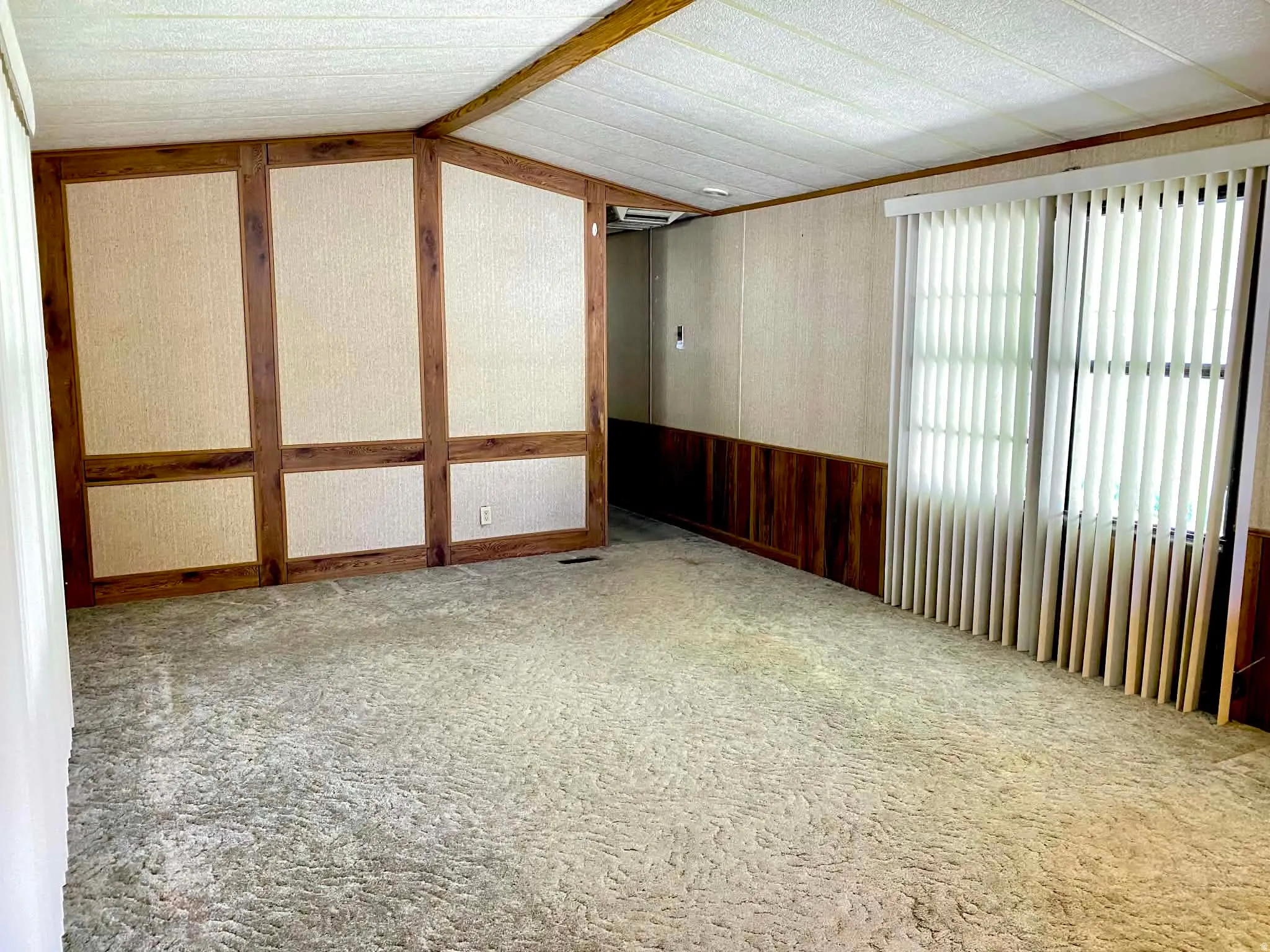 Spacious room featuring textured carpeting, a window with vertical blinds, and a paneled accent wall with wood-finish trim and wainscoting