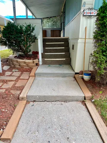 Concrete walkway leading to carpeted entry steps