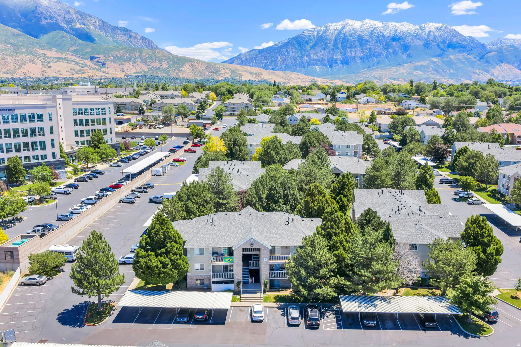 Contemporary multi-story residential buildings featuring mature trees