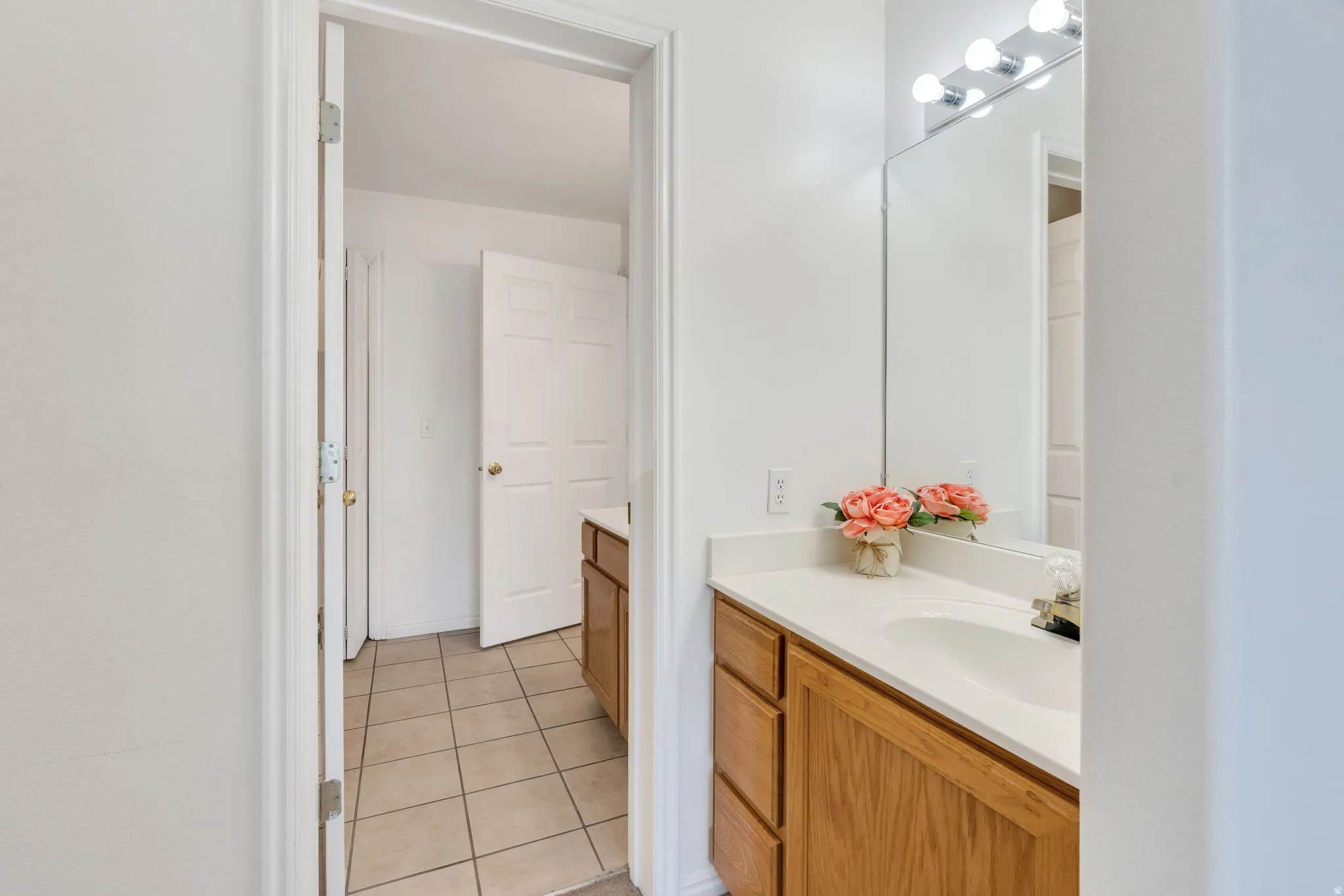 Vanity on the outside of Bathroom, with wood-finish cabinetry, a light-toned countertop, and an integrated sink