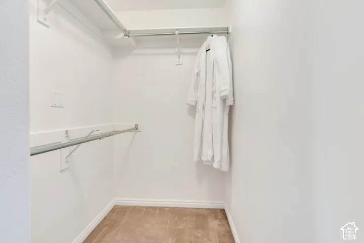 Large Walk-in Closet featuring built-in shelving, hanging rods, and carpet flooring.