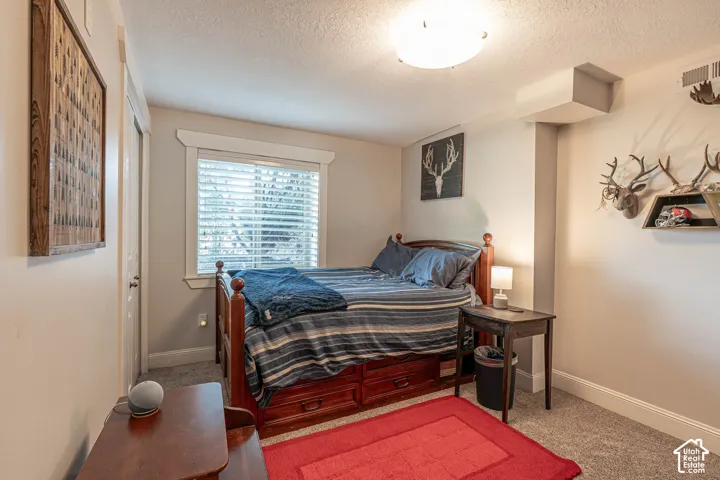 Spacious basement bedroom featuring light neutral wall paint, a window with blinds, and new plush carpet flooring