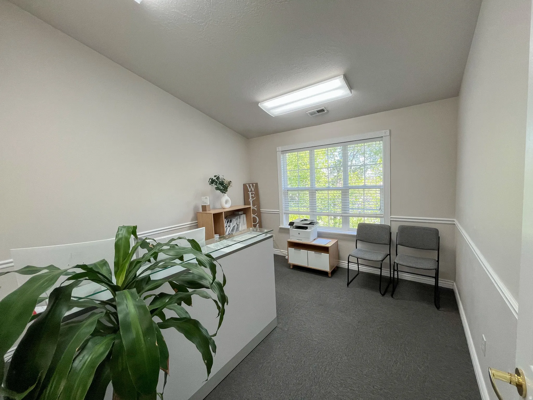 Reception area featuring a large window with blinds, neutral wall paint, chair rail molding, and dark carpet flooring
