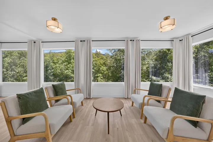 Room featuring extensive window walls, wood-finish flooring, two flush mount ceiling lights, and light-colored curtains