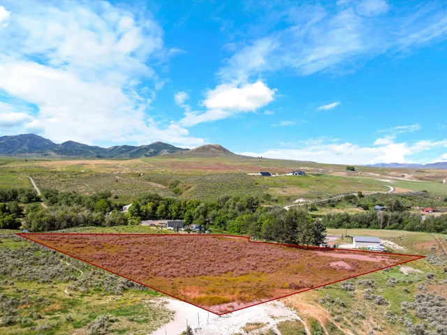 Expansive parcel of undeveloped land outlined in red, featuring natural vegetation and a gravel access path