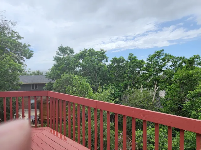 Deck featuring red-painted wood construction and a surrounding canopy of mature trees