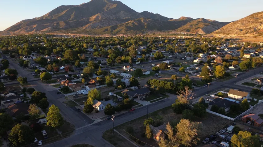 Expansive aerial showcasing a residential neighborhood with mature trees and a prominent mountain backdrop