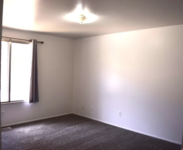 Bedroom featuring neutral-toned carpeting, white walls, and a ceiling-mounted light fixture