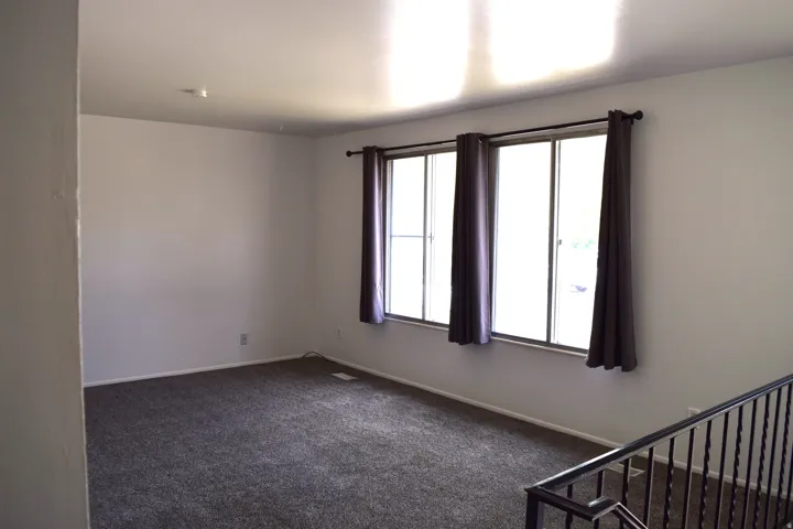 Spacious interior room featuring light neutral wall paint, dark pile carpeting, and three large windows