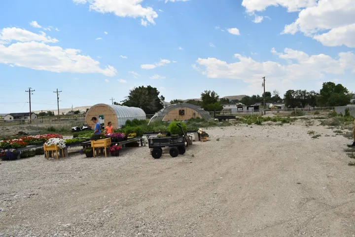 Expansive gravel lot with multiple hoop houses, power poles, and distant structures, suitable for various agricultural or commercial uses