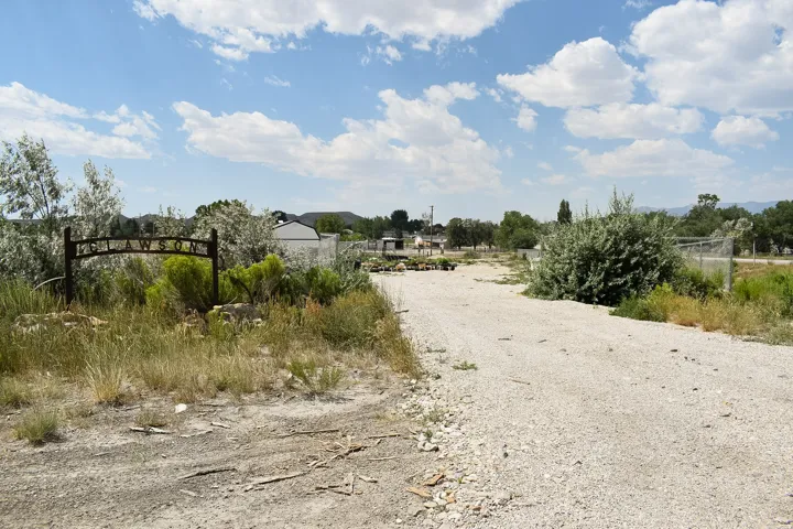Gravel drive with a metal entry sign and natural vegetation