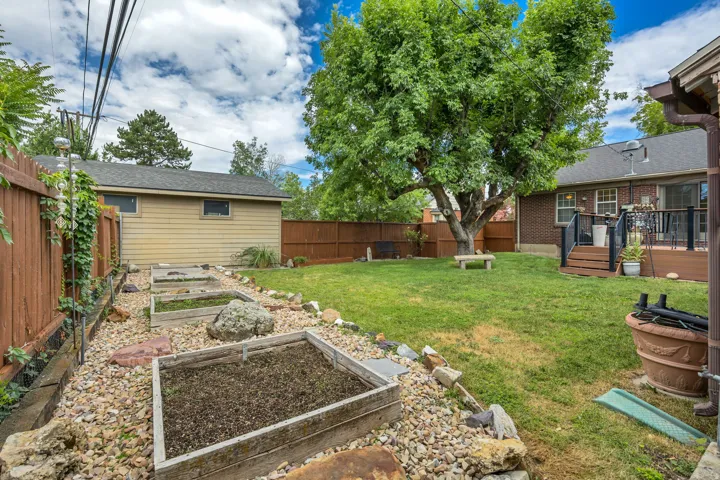 Expansive backyard featuring a large mature tree, established garden beds with rock landscaping, and a wooden privacy fence