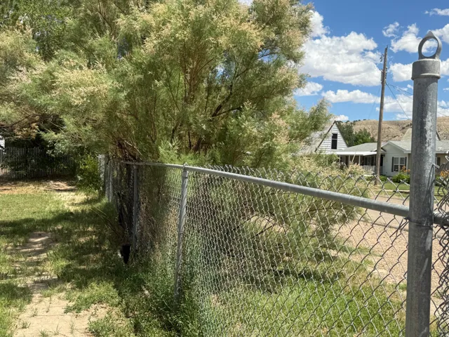 Chain-link fencing delineates the property perimeter, complemented by lush, mature foliage