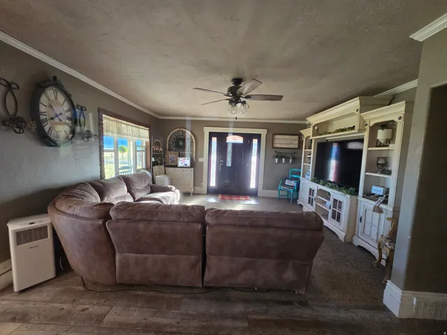 Spacious living area featuring vinyl LVT finish flooring, a ceiling fan with integrated lighting, and a white crown molding detail