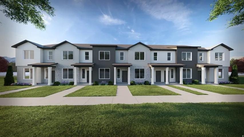 Modern townhome row featuring multi-toned siding, stone facade accents, and individual covered entryways with white columns