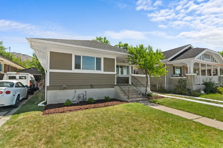 Contemporary exterior with olive green siding, white trim, and a dark shingle roof