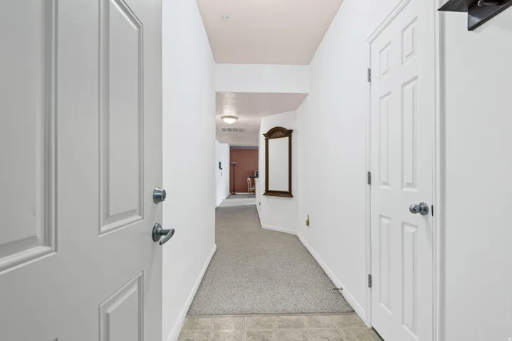 Entryway featuring neutral wall colors, paneled interior doors, and mixed flooring with carpet and tile sections