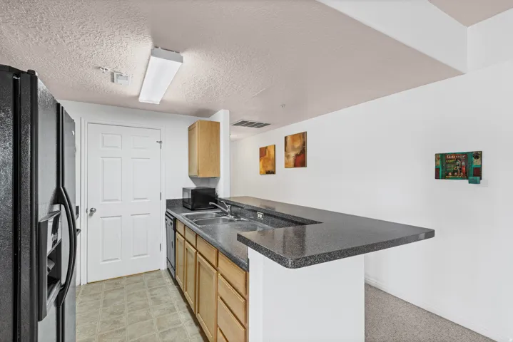 Kitchen featuring a black refrigerator, dark gray countertops, and light wood cabinetry