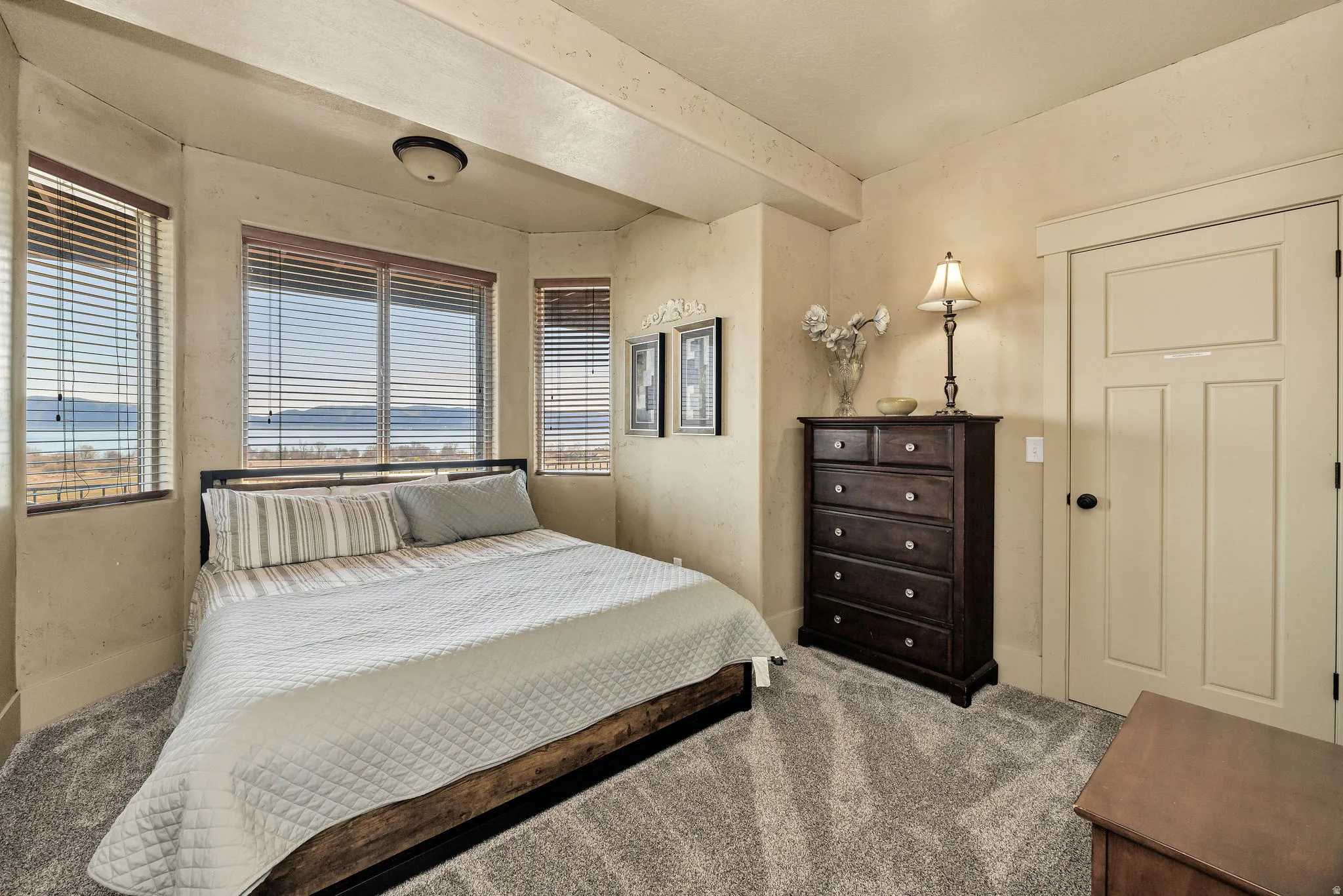 Neutral tone walls complement the textured carpet flooring