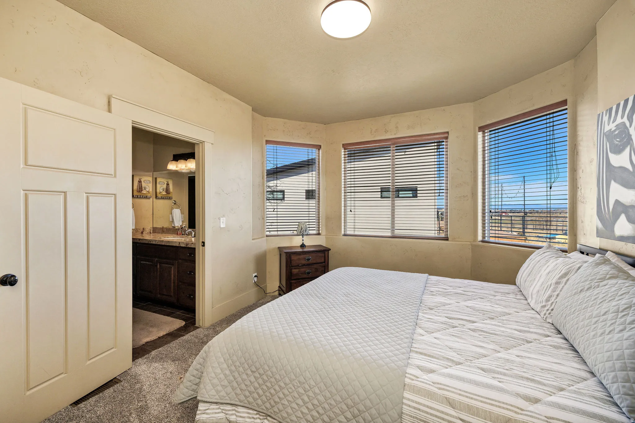 Carpeted bedroom featuring a built-in bay window with three windows, each equipped with blinds