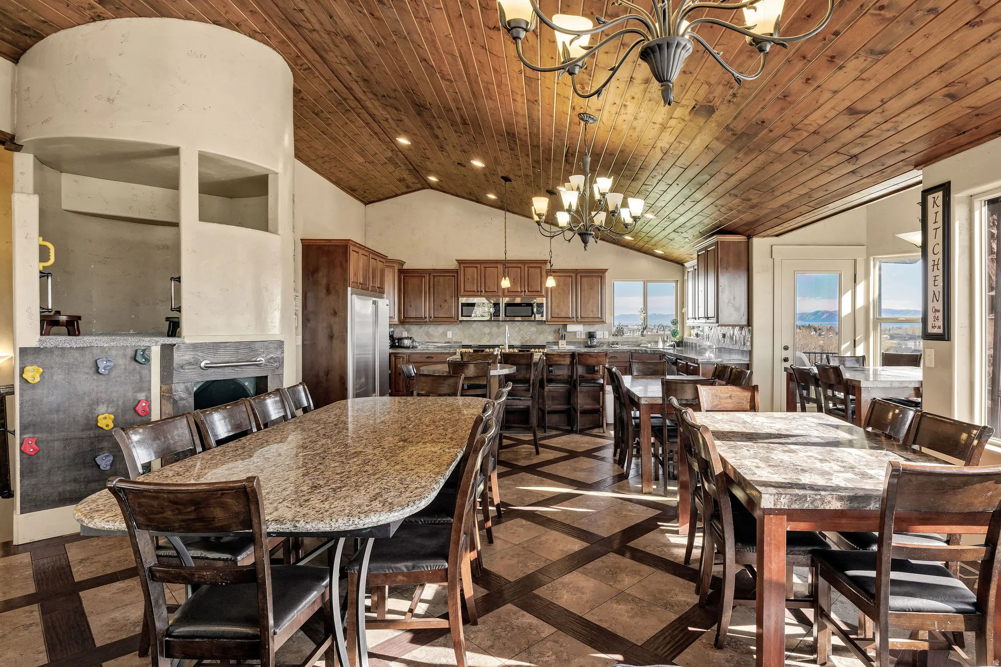 Vaulted wood-paneled ceiling with exposed beams