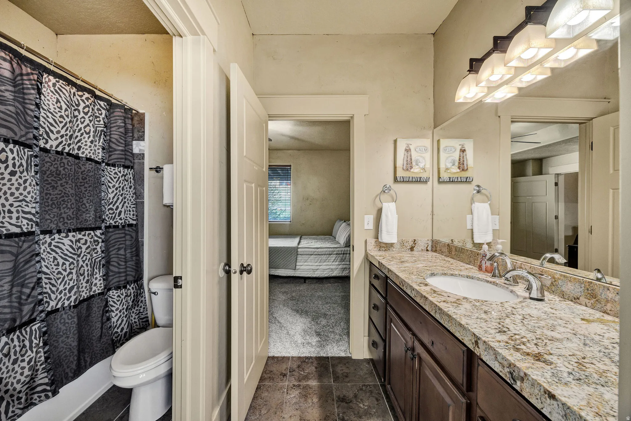 Bathroom featuring a single vanity with granite-finish countertop, undermount sink, and dark wood cabinetry