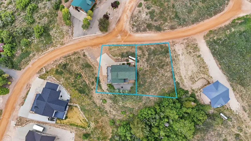 Aerial perspective showcasing a single-family home with a green roof, concrete driveway, and surrounding undeveloped land