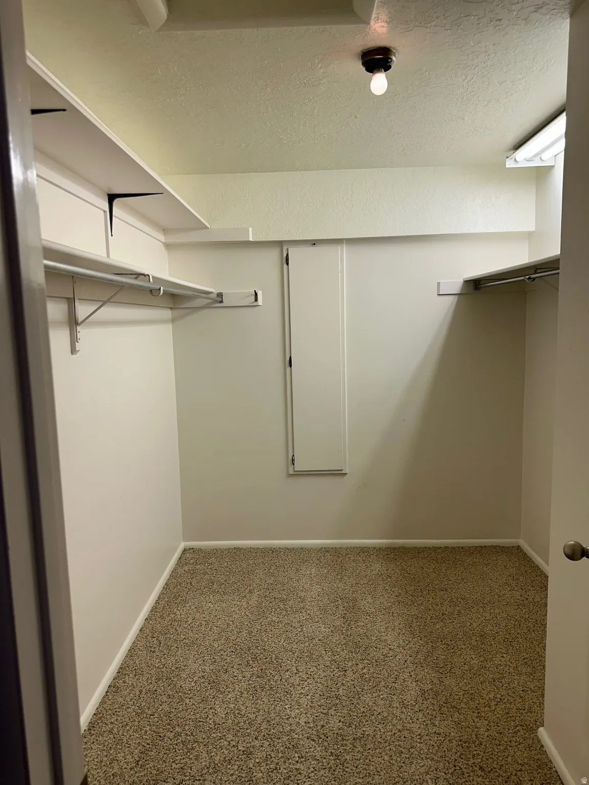 Spacious closet featuring wall-mounted shelving, hanging rods, textured ceiling, and neutral-toned carpeting