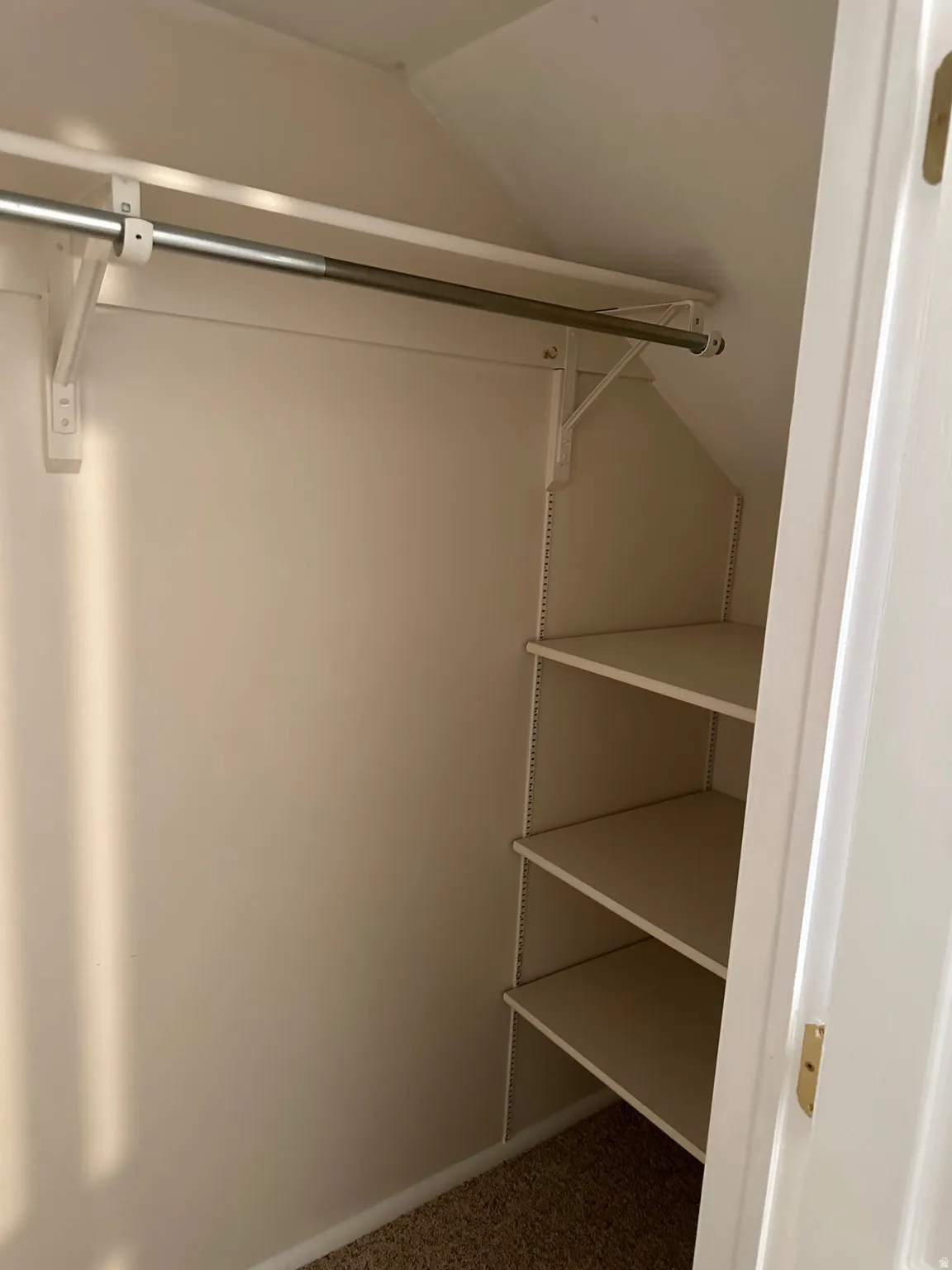 Built-in closet shelving and hanging rod provide storage