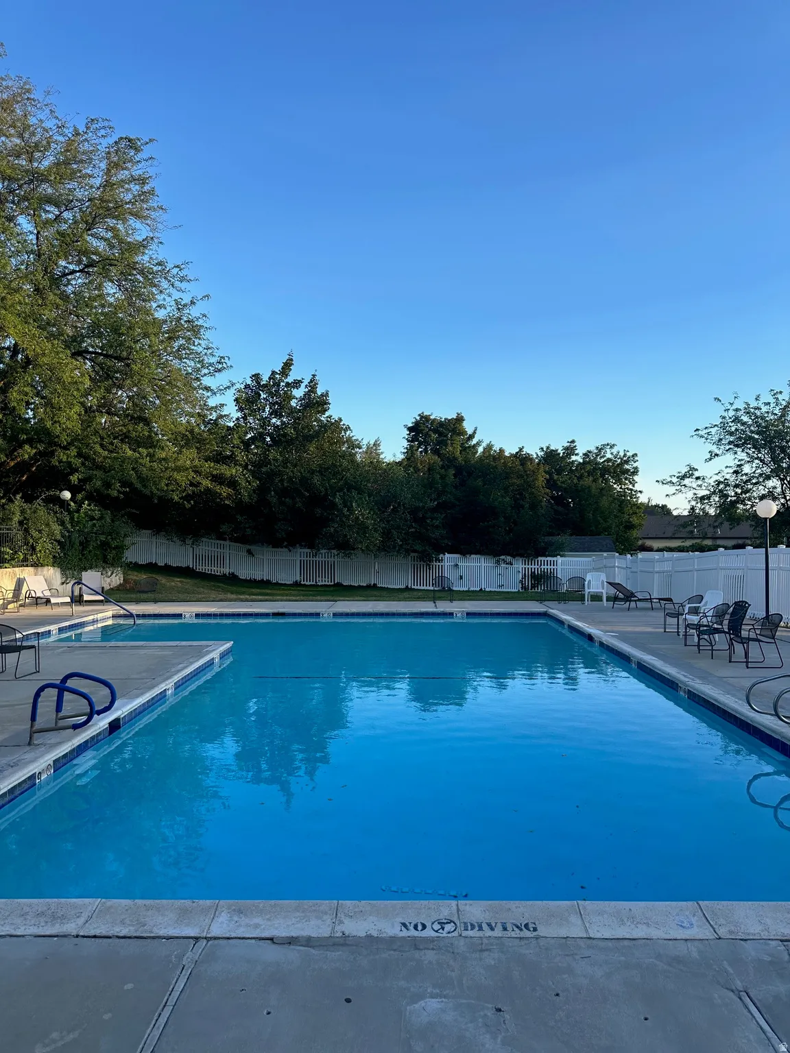 Outdoor swimming pool with concrete decking, perimeter fencing, and surrounding mature trees