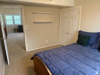 Carpeted room with a bi-fold door closet, wall-mounted shelving, and a doorway opening to an additional carpeted space with windows