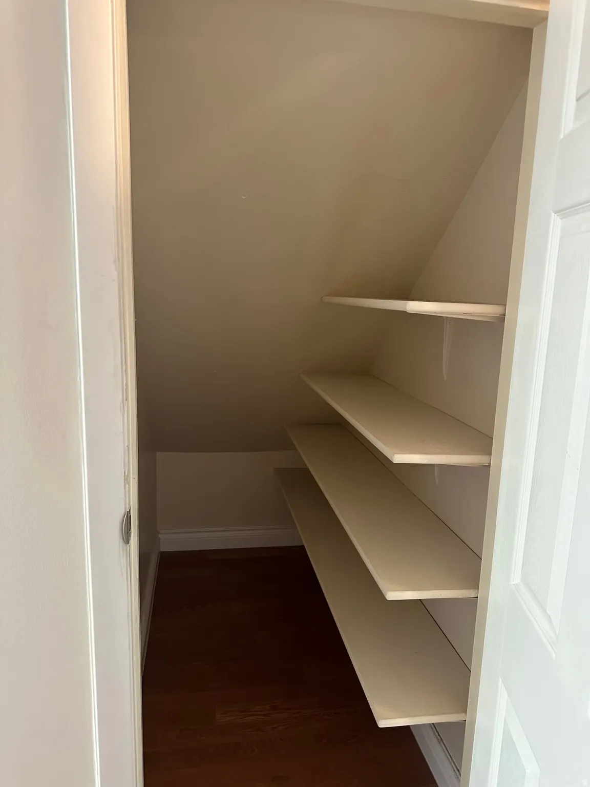 Built-in shelving within a sloped storage area with wood-finish flooring and light-toned walls