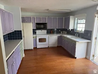 Kitchen featuring U-shaped cabinetry with white countertops, integrated double sink, tiled backsplash, and wood-finish flooring