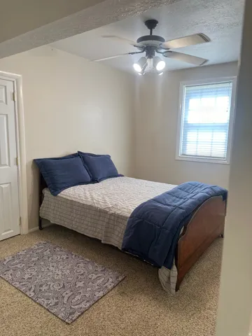 Recessed window with blinds, overhead ceiling fan with integrated lighting, paneled door, and carpeted flooring