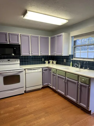 Kitchen featuring wood flooring, a double basin sink, and a black built-in microwave