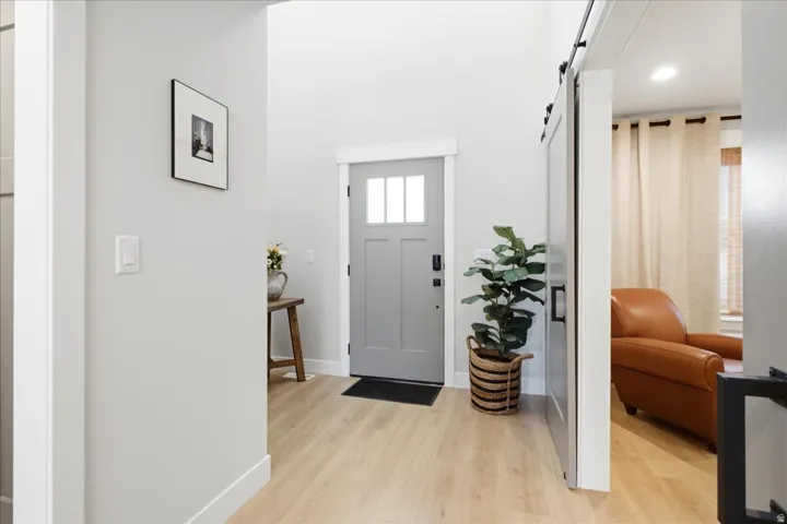 Entryway featuring a light gray door with window panes, wood-finish flooring, and a contemporary barn door