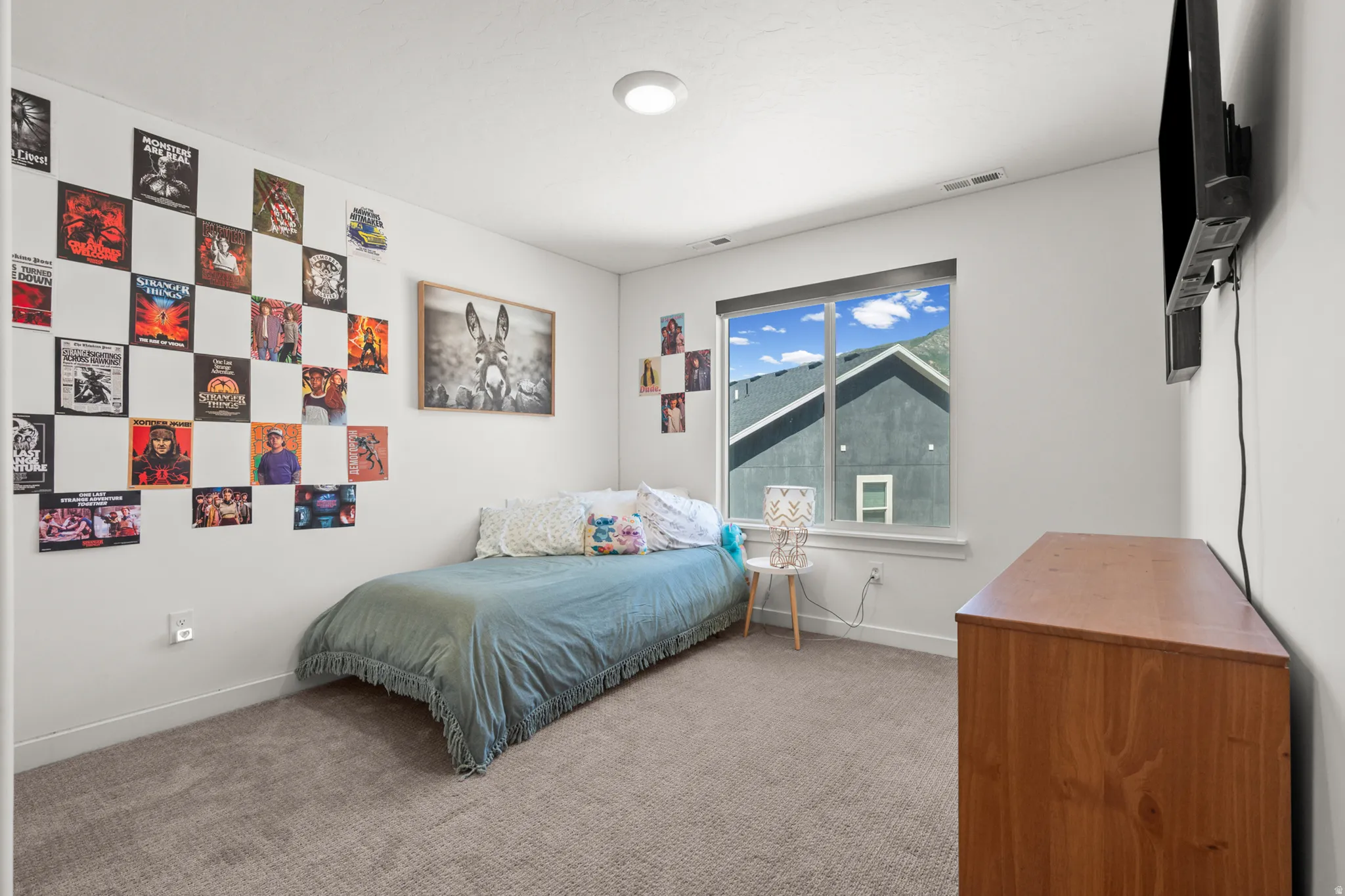 Carpeted room with a large window and a ceiling-mounted light fixture