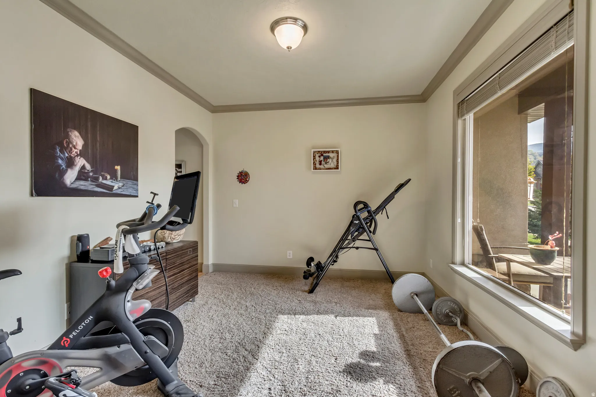 Carpeted room with a wide window overlooking an exterior patio