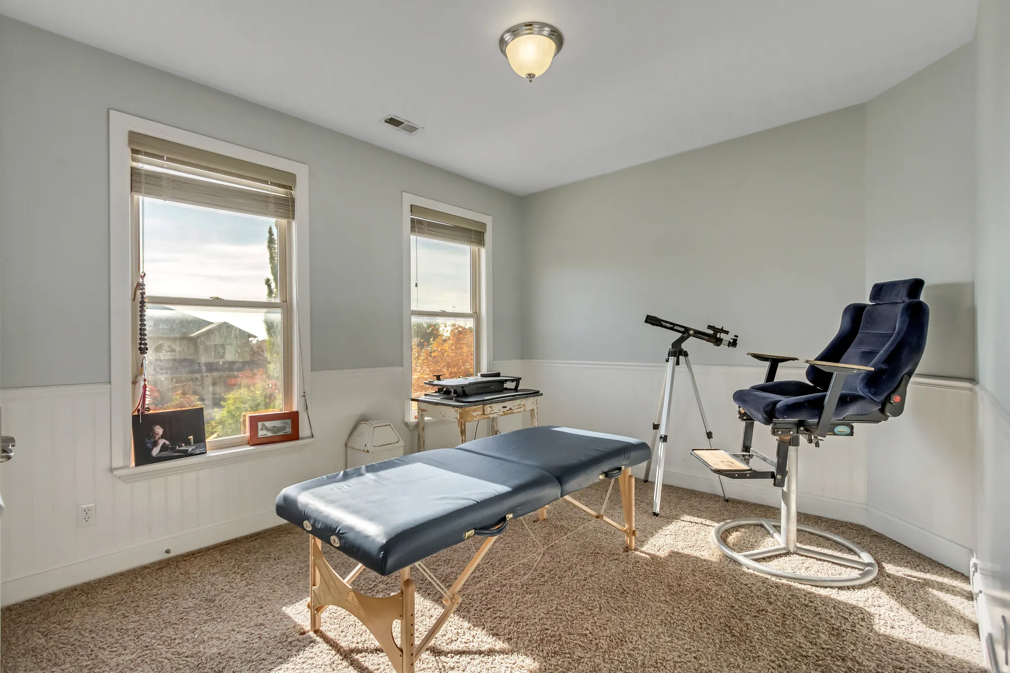 Room with wainscoting and light-colored carpeting, featuring two windows with natural light