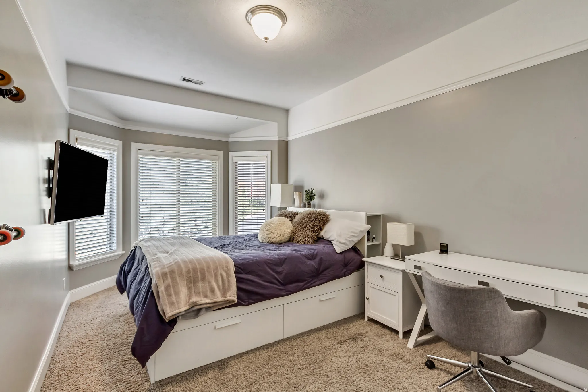 Carpeted room featuring a bay window with blinds, a wall-mounted television, and a built-in desk area