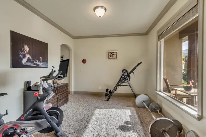 Carpeted room with a wide window overlooking an exterior patio