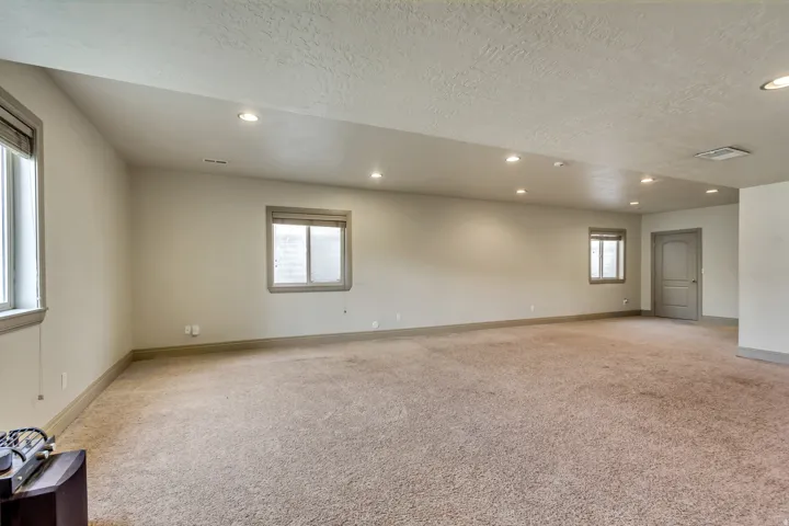 Spacious room featuring neutral carpeting, recessed lighting, multiple windows, and a panel door