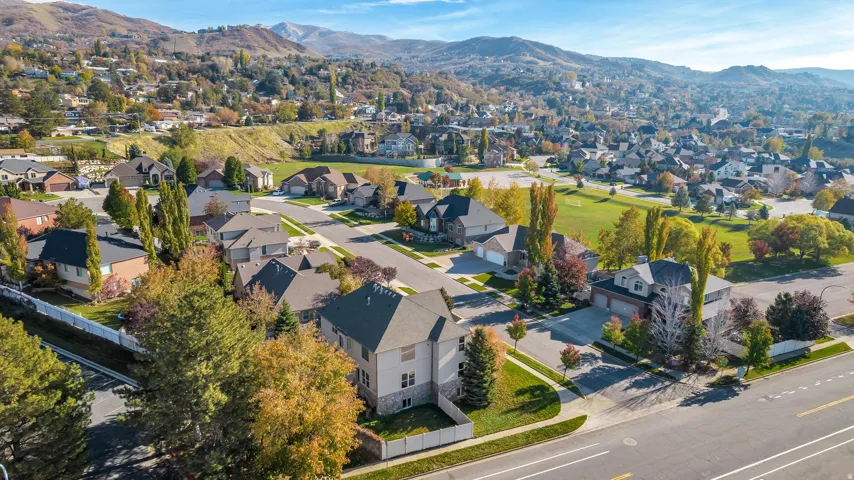Aerial perspective showcasing a residential neighborhood with varied architectural styles