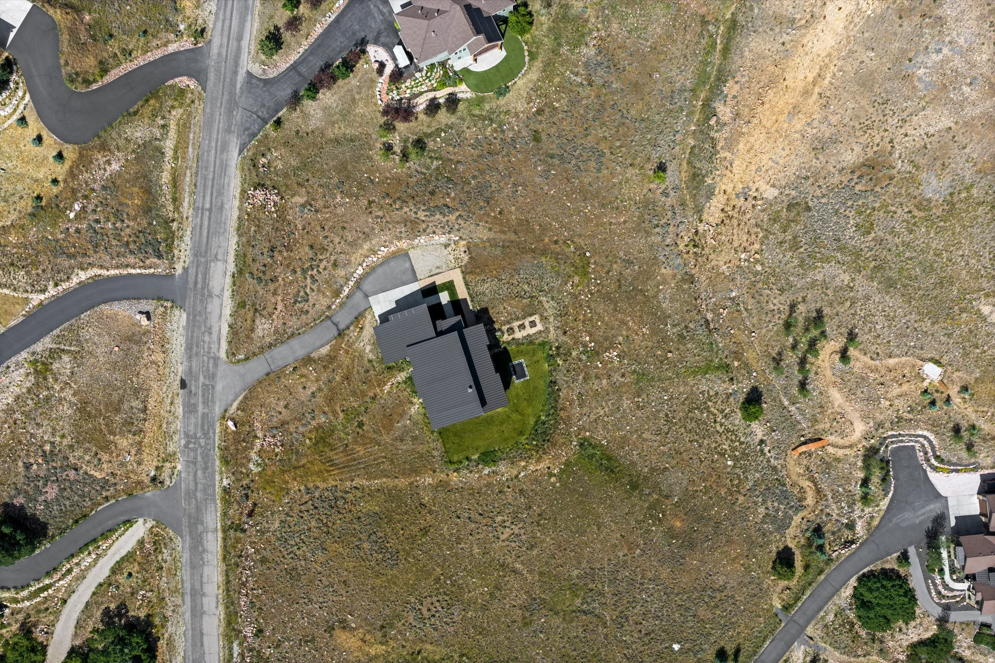Modern single-story residence with a dark-pitched roof and a contrasting light-colored driveway