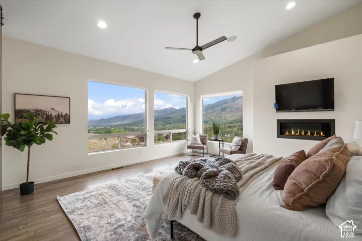 Vaulted ceiling, wood-finish flooring, recessed lighting, ceiling fan, and a built-in linear fireplace