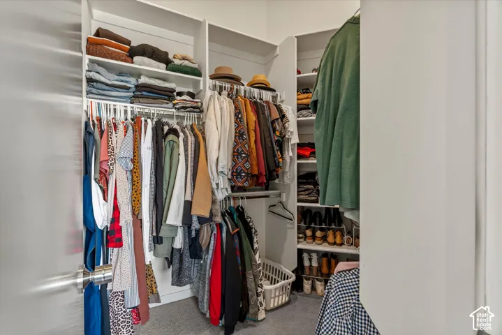 Walk-in closet featuring white built-in shelving, multiple hanging rods, and light gray carpeting