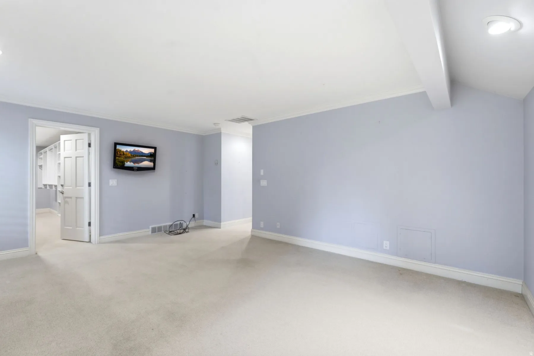 Carpet flooring, wall-mounted television, recessed lighting, crown molding, and built-in closet shelving