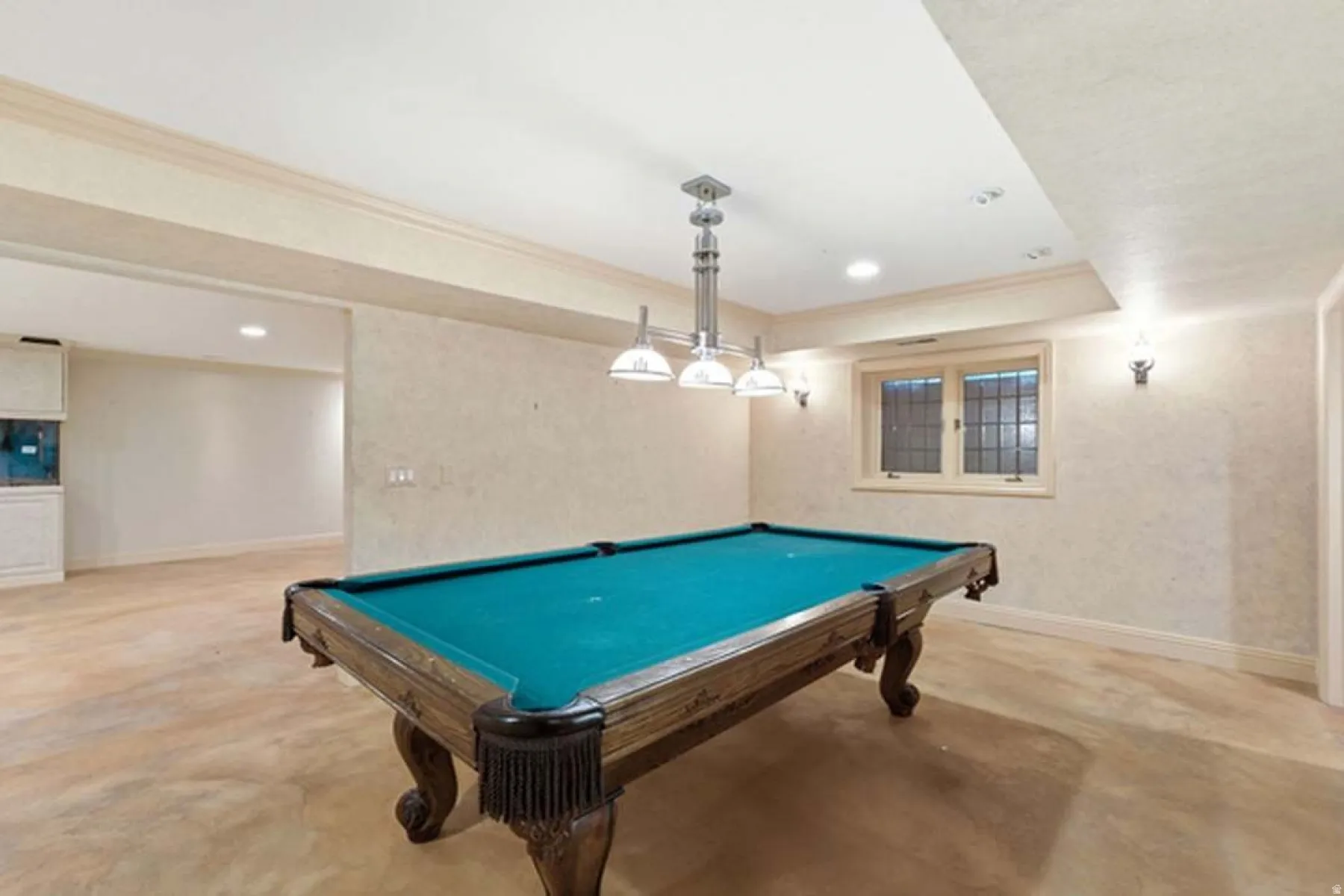 Game room featuring a billiard table, recessed lighting, and wall sconces