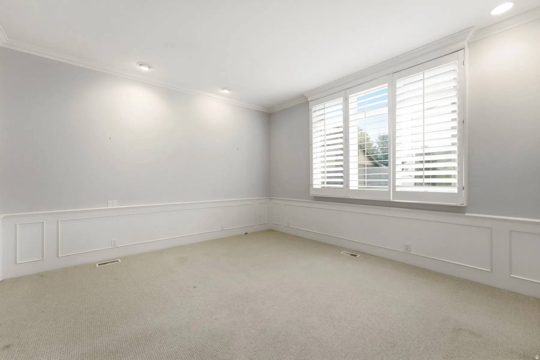 Recessed lighting, crown molding, wainscoting, and plantation shutters